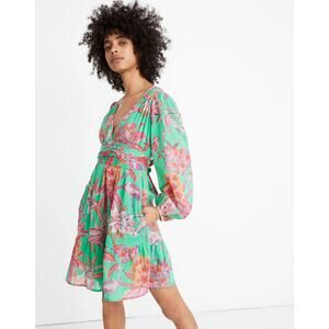 Banjanan Peony Tie-Waist Flamingo Rhododendron Island Mini Dress Women's S Green